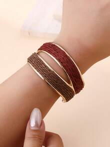 1pc Handmade Bohemian Style Dual-Tone Open Bangle Bracelet, Intricate & Textured Design, Suitable For Travel, Vacation, Party, Afternoon Tea, Music Festival And Daily Wear - Brown - View 9