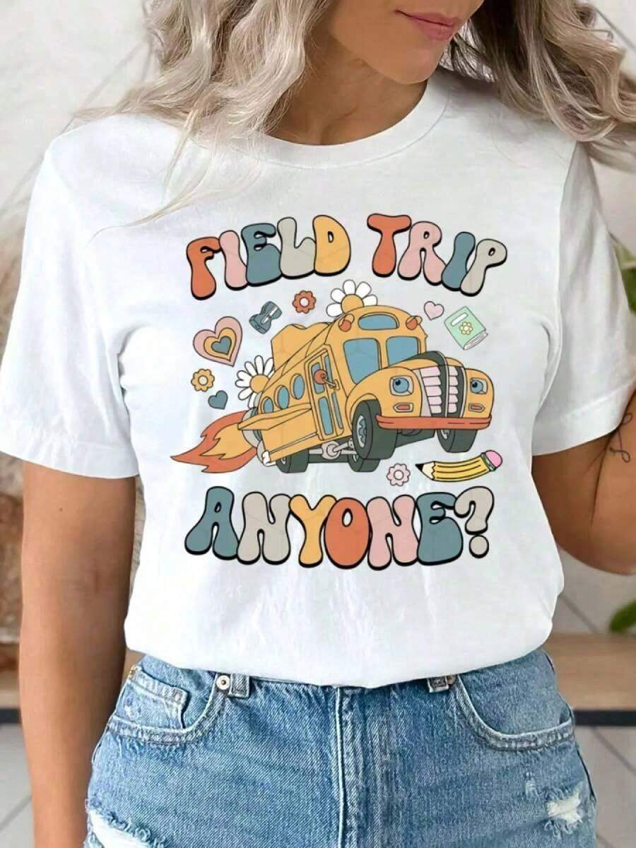 1 "Field Trip Anyone" T-Shirt, School Trip T-Shirt, "Teacher Magic School Bus" T-Shirt, Field Day T-Shirt, "Seatbelts Everyone" T-Shirt, "Frizzle" T-Shirt, Teacher T-Shirt, Oversized Graphic Tees For Women, 100% Cotton, Crew Neck, Short Sleeve, Casual Tops, 180g, 100% Cotton, All Designs Are Printed. Unisex. - 學校旅行襯衫007 - 查看 1
