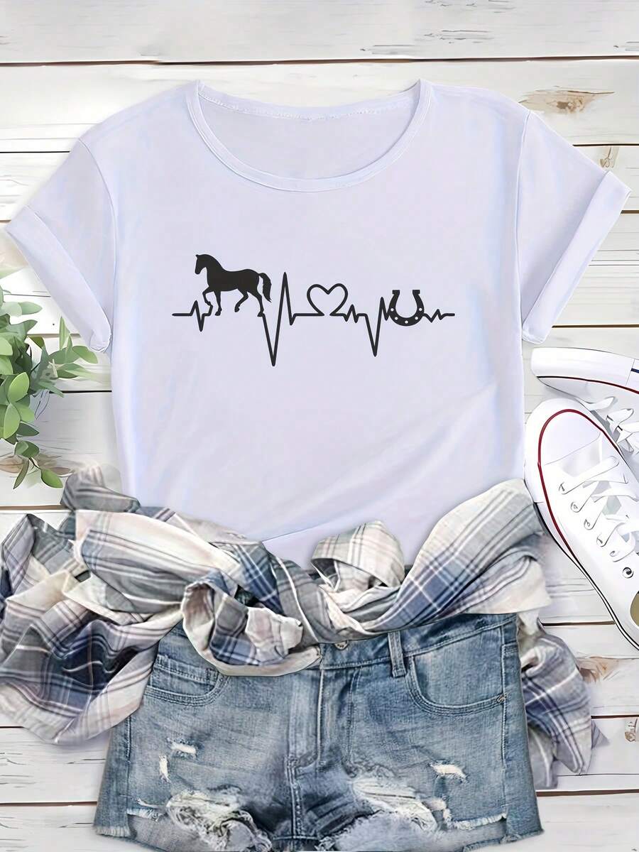 Women's Short Sleeve Cotton T-Shirt, Horse And Heart Print For Valentine's Day, Comfortable And Soft Sports T-Shirt, Casual Short Sleeve Running Top With Round Neck, Women's Sportswear. - 白色 - 查看 1