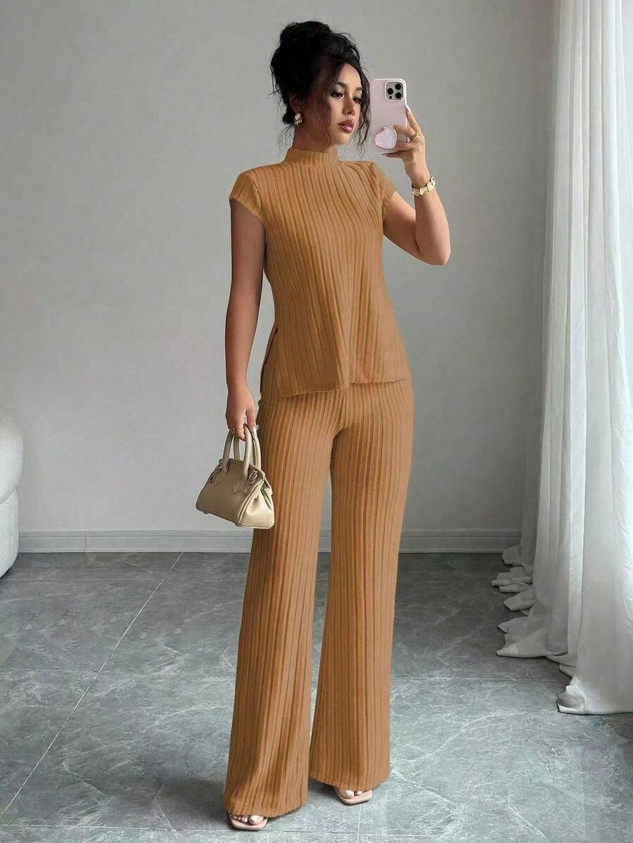 Nuevo juego de pantalones casuales de manga corta de color sólido casual para mujeres - Caqui - Ver 1
