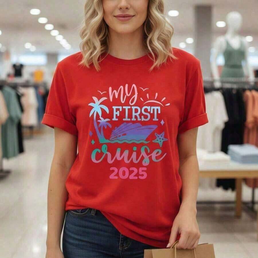 Women's Graphic T-Shirt "My First Cruise" - Short-Sleeve Crew Neck Cotton Summer Vacation T-Shirt With Cruise Ship And Palm Tree Print, Sizes S-5XL. Versatile For Everyday Casual Wear. Soft - 紅色的 - 查看 1
