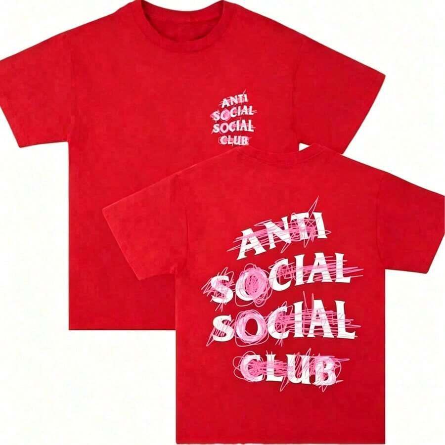 1 Pcs Cotton Double-Sided Printed, Anti Social Club Printed T-Shirt, Suitable For Daily Wear, Casual Summer Wear, Slightly Elastic, Breathable, Outdoor Holiday Sports, Gift T-Shirt, Holiday Gift, Perfect Gift. - 紅色 - 查看 1