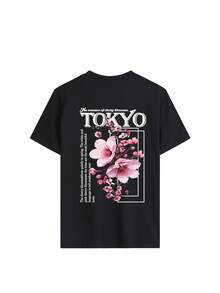 3pcs/Set Summer New Fashion Sakura Landscape Printed Combination, Casual Round Neck Short Sleeve T-Shirt, Versatile Tops For Women - White and Black and Light Blue - View 8
