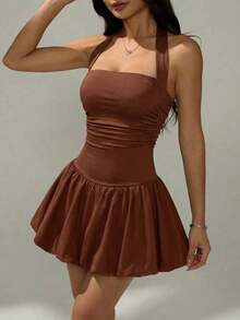 Vestido informal corto de unicolor con cuello de lazo y espalda descubierta para mujer - Marrón - Ver 1