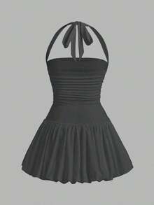 Vestido informal corto de unicolor con cuello de lazo y espalda descubierta para mujer - Gris Oscuro - Ver 8