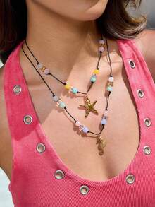 1 pieza Collar con colgante de acero inoxidable con diseño de estrella de mar y caballito de mar, con cadena de cuerda de cuentas de colores, adecuado para usar en vacaciones de verano - Multicolor - Ver 1