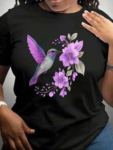 Soft 100% Cotton T-Shirt, Plus Size Casual T-Shirt, Hummingbird Design T-Shirts Are Perfect For Summer Walks, Vacations, Bird Watching And As Gifts For Outdoor Enthusiasts, Soft And Comfortable To Wear, Breathable Cotton T-Shirt, Matches Everything, Great. - 黑色 - 查看 6