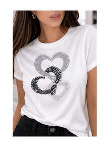 Soft 100% Cotton Women's T-Shirt With An Intertwined Heart Print, Shimmering Textured Effect, Glamorous And Elegant Style, And Rhinestone Embellishments. Breathable Cotton T-Shirt That Goes With Everything. - 白色 - 查看 2