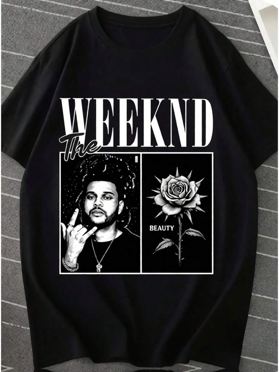 Camiseta deportiva casual para mujer con diseño gráfico del cantante Weeknd - Camiseta negra elástica de cuello redondo, lavable aáquina, de ajuste cómodo para todas las estaciones. Prenda de ocio con temática musical y tejido opaco. - Negro - Ver 1