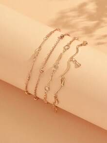 4pcs/Set Versatile Multi-Layer Gold Tone Anklet, Fashionable Party Jewelry Suitable For Daily Wear, Dates, Gatherings, Beach Vacations. Handmade Chain Can Be Customized In Length - Gold - View 3