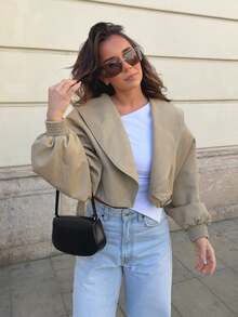Women's Spring Khaki Loose Waist Tie Long Sleeve Casual Work Jacket Short Trench Coat Autumn Jacket - Khaki - View 6