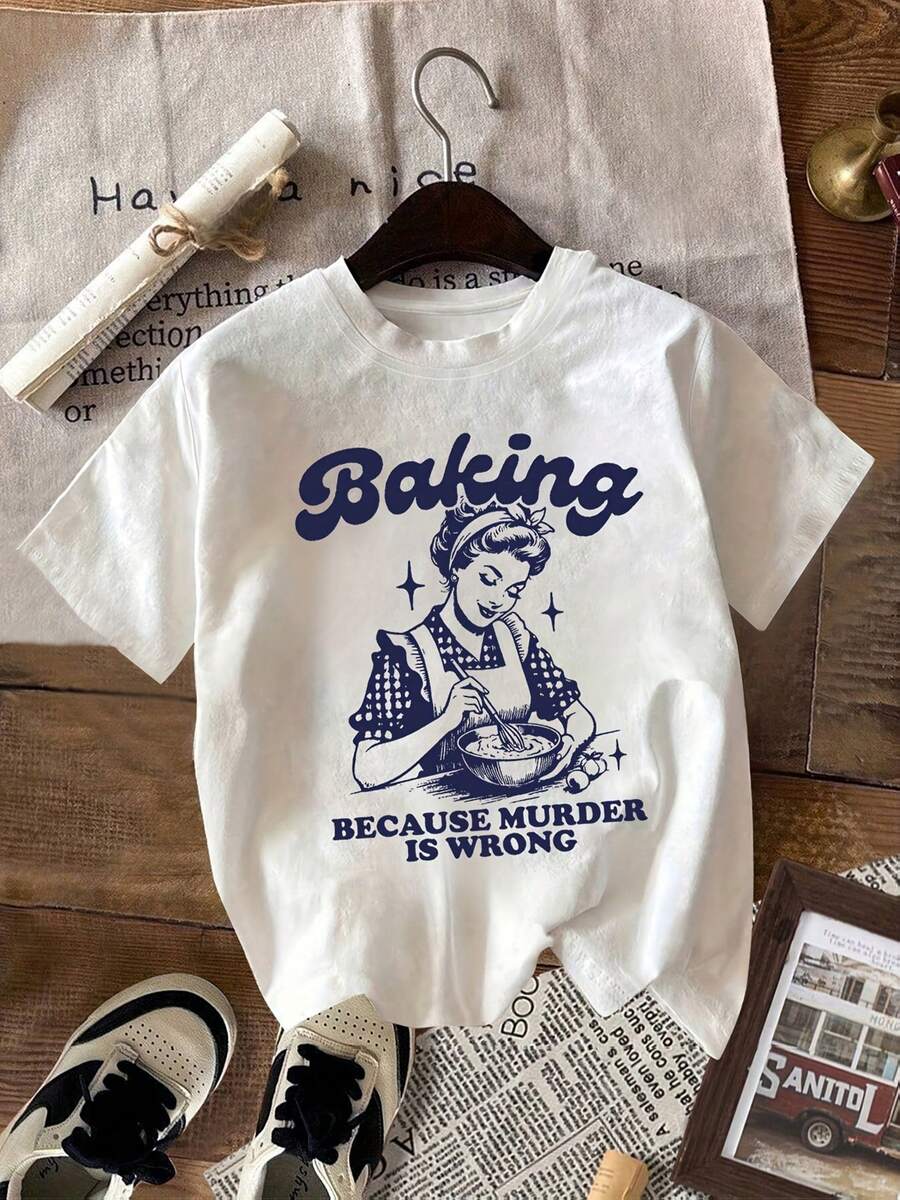 Women's 100% Cotton T-Shirts Spring/Summer 2026 New Korean Style Women's White T-Shirt With Retro American Comic Art Print For Casual Parties - White - View 1