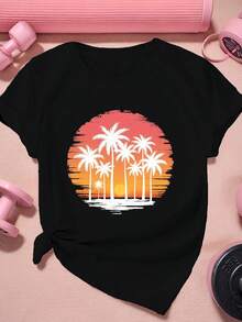 Women's Vintage Tropical Sunset Graphic T-Shirt - Short Sleeve, Crew Neck, Casual Polyester T-Shirt With Palm Tree And Island Design, Machine Washable - Unisex Vintage Urban Style Loose Fit Cotton Short Sleeve Crew Neck T-Shirt - 黑色 - 查看 7