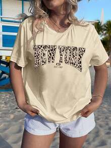 Women's Leopard Print And Lettering T-Shirts, Casual Minimalist Design, Loose Fit, Crew Neck, Short Sleeves, Pullover Style, Suitable For Everyday Summer Wear. Y2K Style Activewear, Crew Neck, 100% Cotton, Soft Fabric, Short Sleeves. - 杏色 - 查看 8