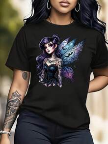 Talla Grande, 1 Unidad Camiseta de Mujer Talla Grande Estilo Gótico con Tatuajes - Cuello Redondo y Manga Corta Ideal para el Día a Día, Uso Casual y Eventos Góticos - Ropa Casual Versátil y Regalo - Negro - Ver 4
