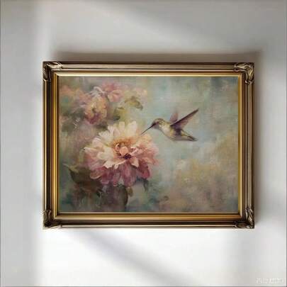 1pc Framed/Unframed Vintage Hummingbird Peony Floral Rustic Canvas Poster Retro Aniamal Bird Botanical Flower Cottagecore Wall Art Print Farmhouse Decor Decor Painting For Apartment,Living Room,Bedroom,Modern Home Decoration