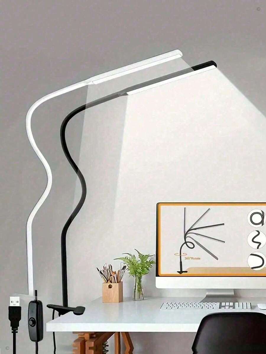 1pc USB Powered Clip-On LED Desk Lamp With Adjustable Gooseneck, Convenient Clamp Design Suitable For Reading, Office Use And Eye Protection. With On/Off Switch, Button Control And Wired Design - Ideal For Home Office, Bedside, Computer, Video Calls And Crafting (Black/White)