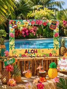 1件裝 180*90cm 大尺寸 Aloha 熱帶風格拍照框，聚酯纖維材質夏威夷 Luau Tiki 拍照道具，夏季泳池海灘派對自拍框背景裝飾 - 夏威夷橫向拍照道具 - 查看 2