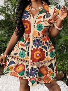 Vestido mini minimalista casual de mujer, adecuado para el verano, las vacaciones, estampado floral tropical, manga abullonada, corte evasé, estilo bohemio - Azul marino - Ver 1