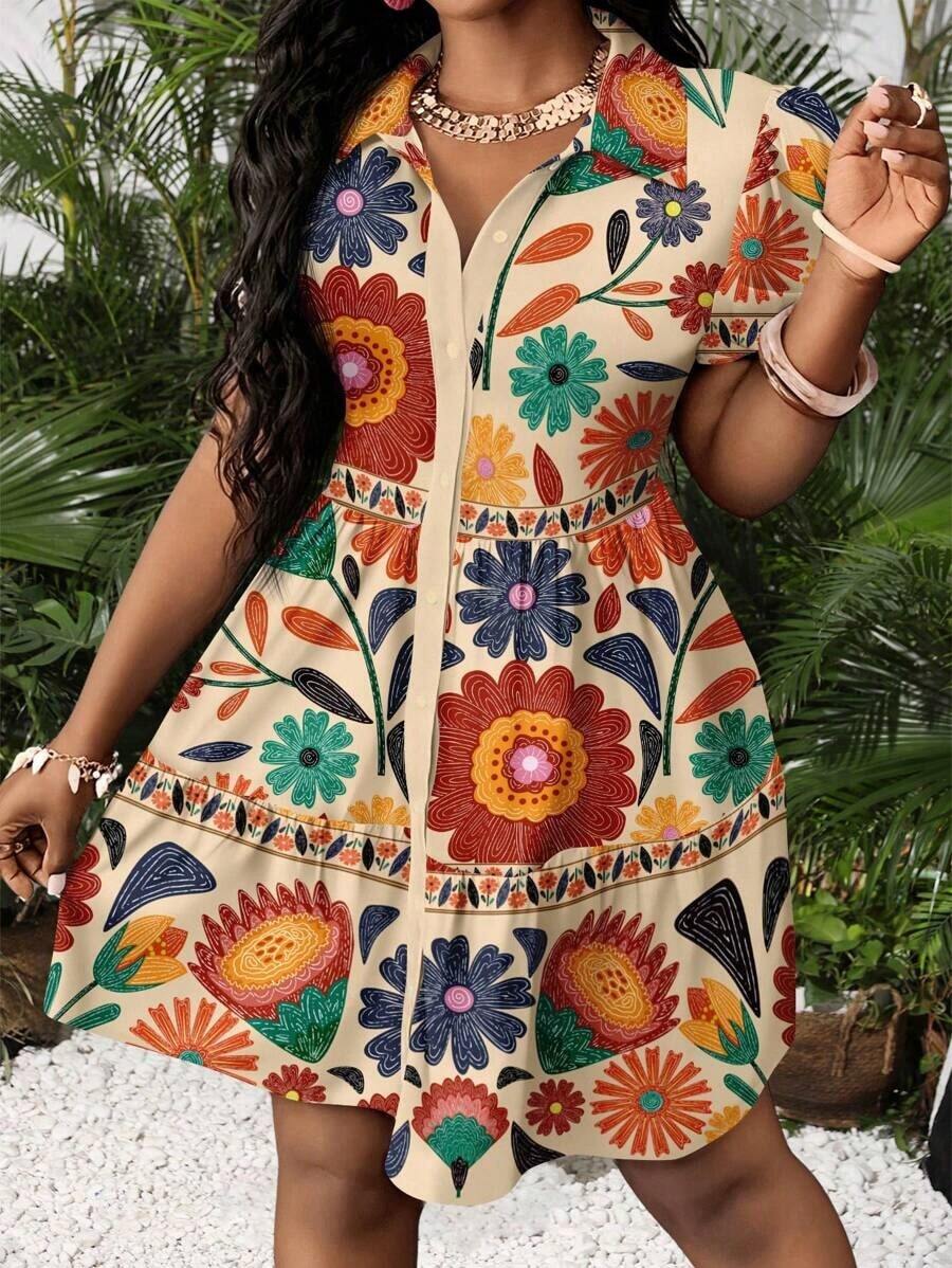 Vestido mini minimalista casual de mujer, adecuado para el verano, las vacaciones, estampado floral tropical, manga abullonada, corte evasé, estilo bohemio - Azul marino - Ver 1