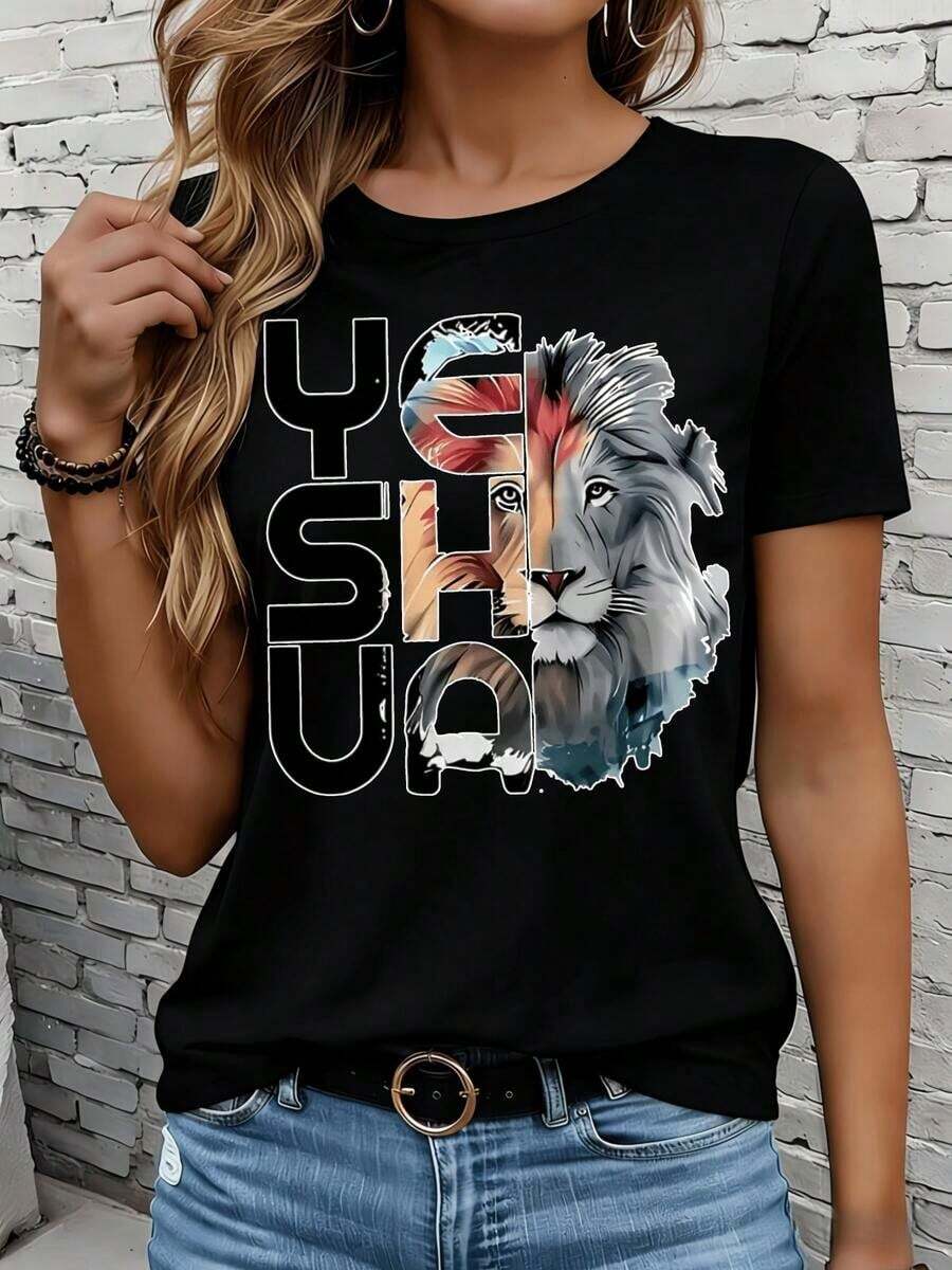 Women's Short-Sleeved T-Shirts In Black And White Are Suitable For Everyday Wear, Lounging At Home, And Outdoor Activities. Yes, This Casual Women's T-Shirt With A Lion Print Is A Graphic Tee And Makes A Great Gift For Parties And Holidays. - 黑色 - 查看 1