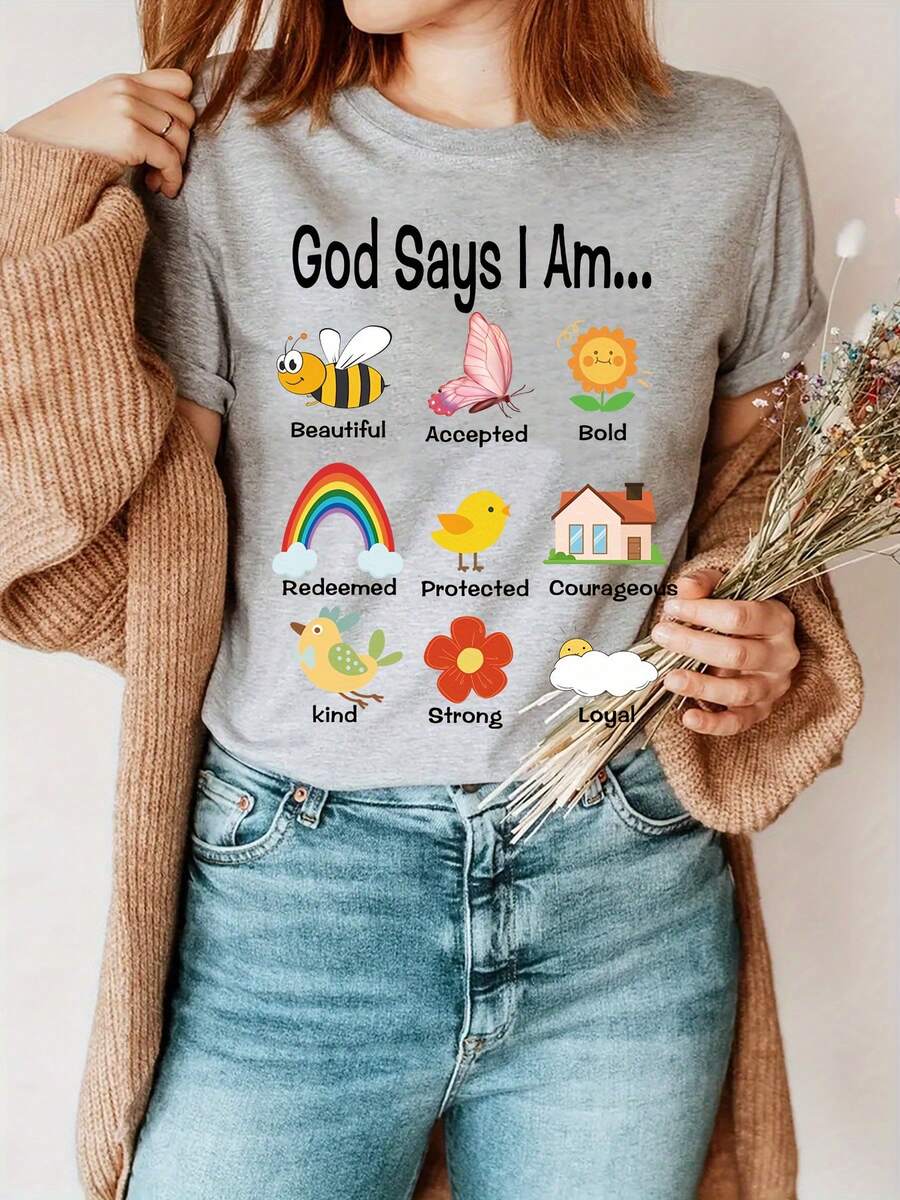 Camiseta de Talla Grande para Mujer con Frases Inspiradoras de las Escrituras - Cuello Redondo, Manga Corta, con Afirmaciones Positivas y Versículos Bíblicos, Ropa de Fe Cristiana Lavable a Máquina para Primavera, Verano y Otoño - Gris - Ver 1