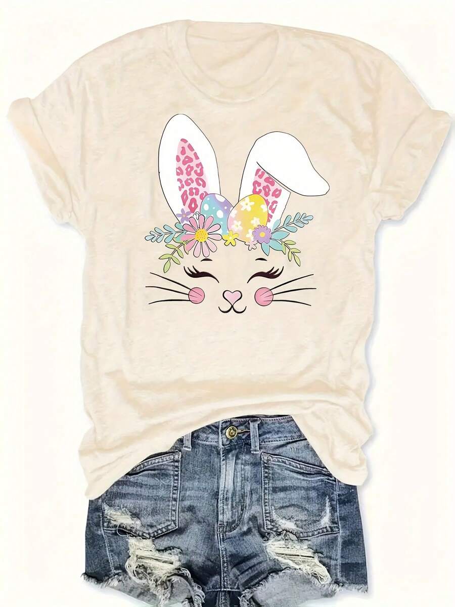 Talla Grande, Camiseta de Mujer con Estampado de Conejo y Huevo de Pascua - Espalda de Cinco Paneles con Forma de Conejo, Cuello Redondo, Atuendo Casual para Pascua y Primavera, Ropa Informal para el Festival de Primavera (Lavable a Máquina) - Albaricoque - Ver 1