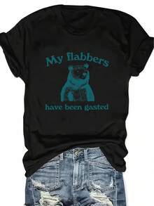 Women's Plus Size Casual T-Shirt With "My Flabbers Have Been Gasted" Raccoon Letter Print, Crew Neck, Slightly Stretchy Fabric, Autumn/Winter Collection, Raccoon T-Shirt - 黑色 - 查看 6