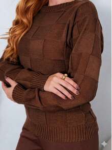 Women's Sweater For Cold Weather, Knit, Autumn/Winter, Long Sleeve,  Boho Style, Square Knit, Elegant, Simple, Casual, Wool-Like Fabric, Textured Knit, Suitable For Evening, Holidays, Weddings, Office, Street, Travel, Brunch, Autumn/Winter. - Cà phê nâu - Xem 1