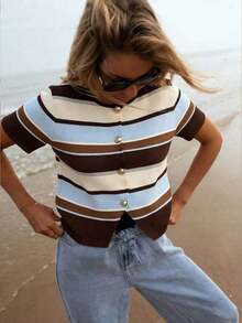 Top de punto a rayas para mujer , estilo casual holgado de manga corta y cuello redondo para verano, estilo preppy, cárdigan de manga corta a rayas marrones y azules, top de verano, estilo universitario americano, adecuado para uso diario, top de verano, para mujer en primavera. - Multicolor 3 - Ver 9