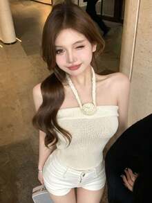 2026新款性感甜美少女针织吊带背心，纹理花卉仿珍珠装饰无袖短款修身背心，弹力针织面料少女夏季吊带背心 - 杏色 - 查看 6