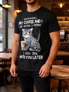 1 camiseta divertida con estampado de gato y café para hombre, 100% tela, cuello redondo, manga corta, corte regular, ropa casual para fines de semana, ropa casual para todas las estaciones, 180 g/m² - Ideal para San Valentín, Año Nuevo, Día del Padre, Navidad. - Negro - Ver 2