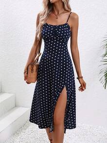 2024 Women's Floral Print Spaghetti Strap Summer Boho Beach Dress Elegant Printed Straps Square Neck Slit Dress - 藍點 - 查看 1