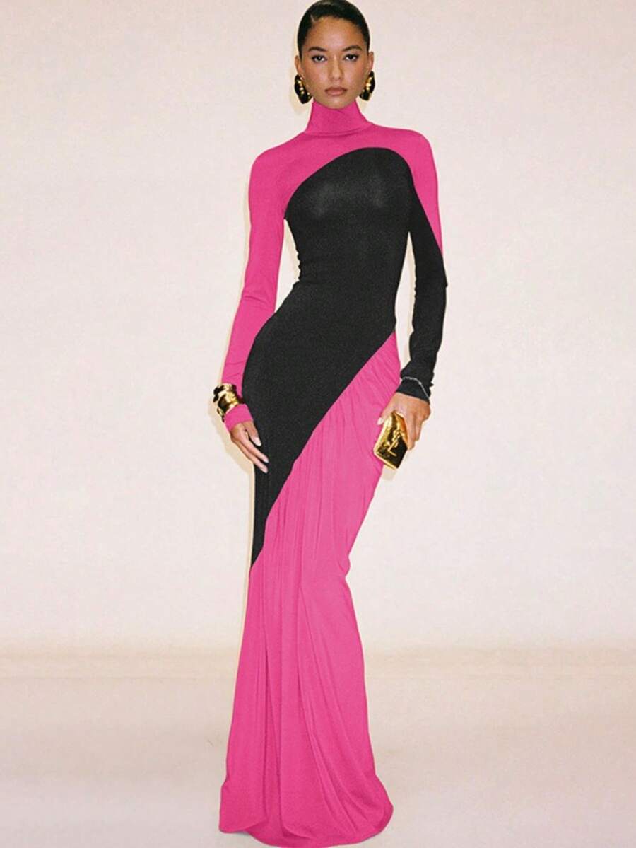 High-Waisted Fitted Dress In A Color Combination, Modern And Creative For The Street - Hot Pink - View 1