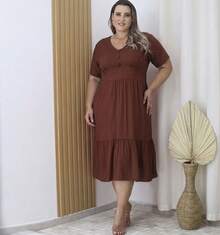 Plus Size Midi Dress With Button Detail And V-Neck - Rust Brown - View 1