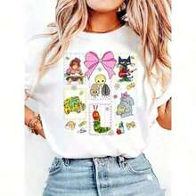 1 pieza Camiseta Casual Básica de Verano de Algodón Puro con Lazo Coqueta para Maestras, Camiseta para Maestras de Jardín de Infancia, Camiseta para Maestras de Preescolar, Camiseta para Amantes de los Libros, Regalos para Amantes de los Libros JVKF Camiseta de Manga Corta con Cuello Redondo Estampada para Mujer |       Suave y Elástico, Casual y para Gimnasio, Esencial para el Día del Deporte y San Valentín en Fiestas, Tops de Tallas Grandes 180g 100% Algodón - Blanco - Ver 8