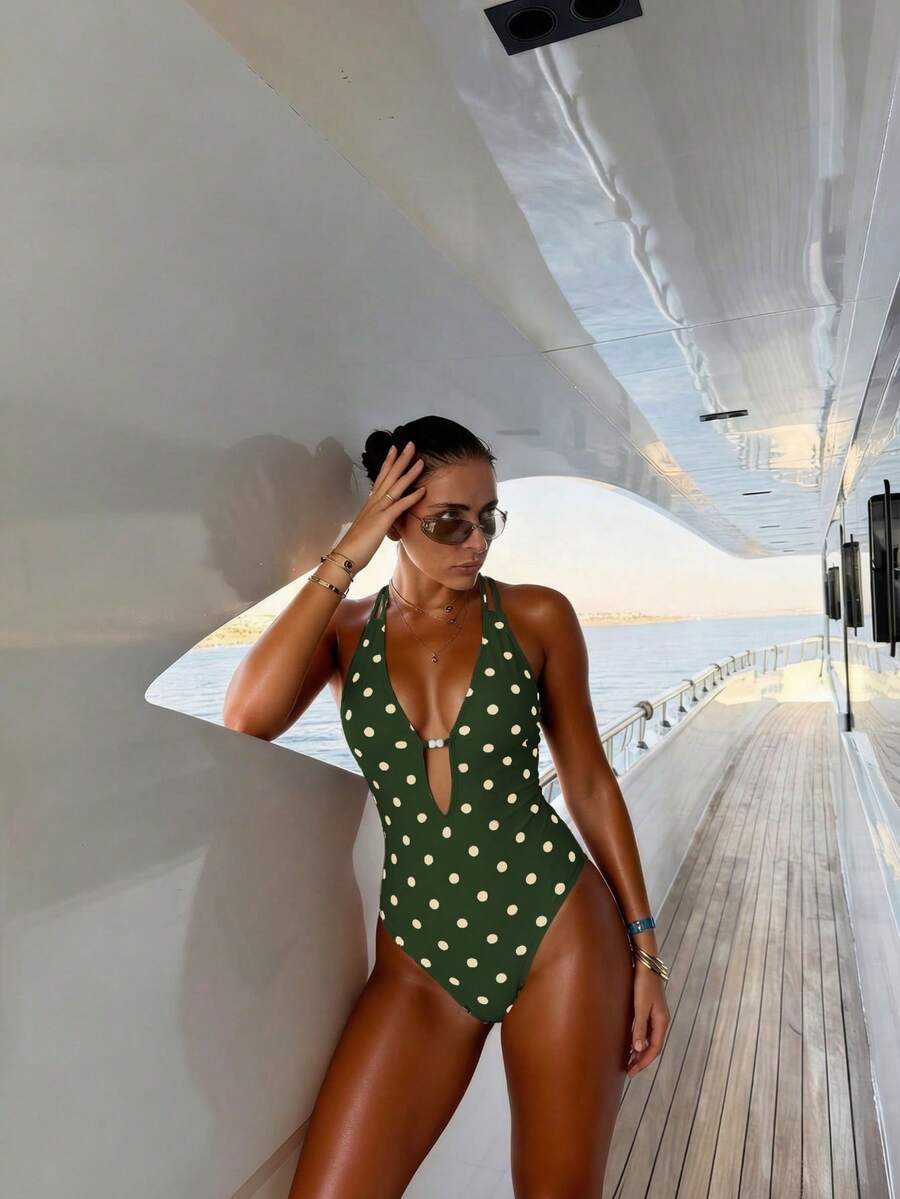 夏季優雅女款黑白波點細肩帶交叉露背甜美連身泳衣,海島海灘度假風時尚泳裝 - 彩色 - 查看 1
