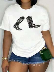 1 pieza de camiseta retro occidental para mujer con diseño de botas de vaquero y sombrero, con estampado vibrante, manga corta informal, ideal para viajes, top de moda para festivales, cómoda camiseta de manga corta con cuello redondo para uso casual y eventos temáticos o como regalo, con diseño floral, de plantas, hojas y lazo informal, 180g, 100% algodón, todos los patrones están impresos. Unisexo. - Blanco - Ver 1