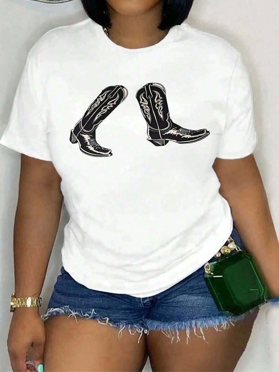 1 pieza de camiseta retro occidental para mujer con diseño de botas de vaquero y sombrero, con estampado vibrante, manga corta informal, ideal para viajes, top de moda para festivales, cómoda camiseta de manga corta con cuello redondo para uso casual y eventos temáticos o como regalo, con diseño floral, de plantas, hojas y lazo informal, 180g, 100% algodón, todos los patrones están impresos. Unisexo. - Blanco - Ver 1