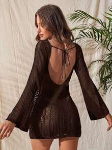 Vestido de playa de verano para mujer con mangas acampanadas de punto calado y espalda descubierta - Café integral - Ver 1