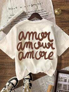 Camiseta de manga corta con cuello redondo y estampado de leopardo "More Love" para mujer, informal, negra, para verano, otoño/inicio de clases. - Desnudo 4 - Ver 2