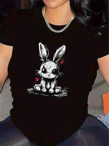 Camisetas gráficas 2026, nueva colección de verano, camiseta de poliéster de manga corta con un bonito diseño de conejo, adecuada para uso en casa. Duradero y cómodo, perfecto para la sala de estar o el comedor; Tela suave, elegante y ligera, ideal para uso casual diario. Camisetas de algodón para el verano. - Negro - Ver 1