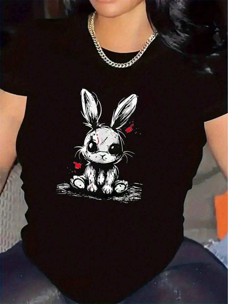 Camisetas gráficas 2026, nueva colección de verano, camiseta de poliéster de manga corta con un bonito diseño de conejo, adecuada para uso en casa. Duradero y cómodo, perfecto para la sala de estar o el comedor; Tela suave, elegante y ligera, ideal para uso casual diario. Camisetas de algodón para el verano. - Negro - Ver 1