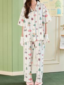 Gongdie Bộ đồ ngủ nữ Miffy 2 món, bộ đồ ngủ mùa hè tay ngắn và quần dài, bộ đồ ngủ mềm mại in hình hoạt hình và sọc xanh dương. - Nhiều màu - Xem 1