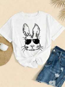 1 camiseta gráfica con diseño de conejo divertido con gafas de sol, 100% algodón, cuello redondo, corte relajado, cómoda, estampado gráfico único, 180g 100% algodón, todos los diseños están impresos. Unisexo. - Blanco - Ver 2