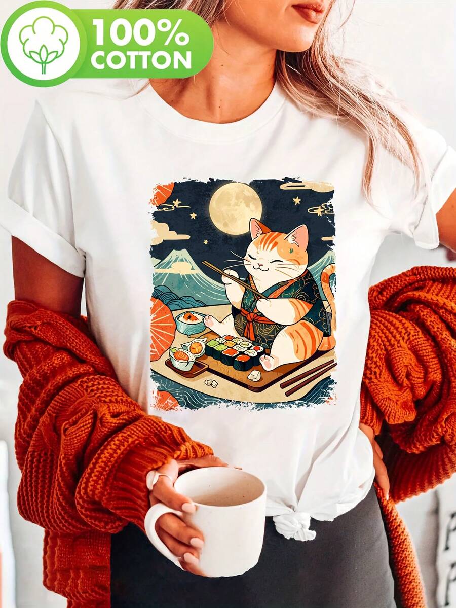 Camiseta con Estampado de Gato Comiendo Sushi, Manga Corta, Cuello Redondo, Top Casual para Verano y Primavera, Ropa de Mujer, Camiseta de Algodón Cómoda - Blanco - Ver 1