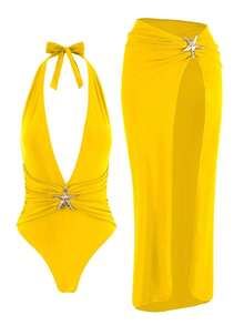 Traje de baño de una pieza con decoración de estrella de mar y falda pareo con abertura alta, diseño elegante para mujeres, adecuado para vacaciones de verano en la playa, color blanco - Amarillo - Ver 2
