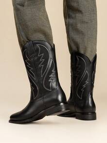 Men's Cowboy Boots Leather Western Style Rugged Comfortable Durable - 黑色 - 查看 7