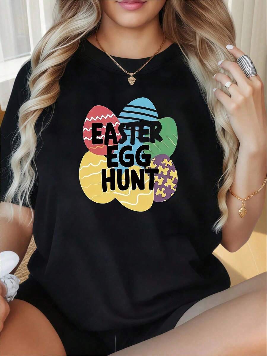 Camiseta de manga corta y cuello redondo para mujer con temática de Pascua y coloridos patrones de huevos, perfecta para salidas informales, regalos navideños y reuniones con amigos. - Negro - Ver 1