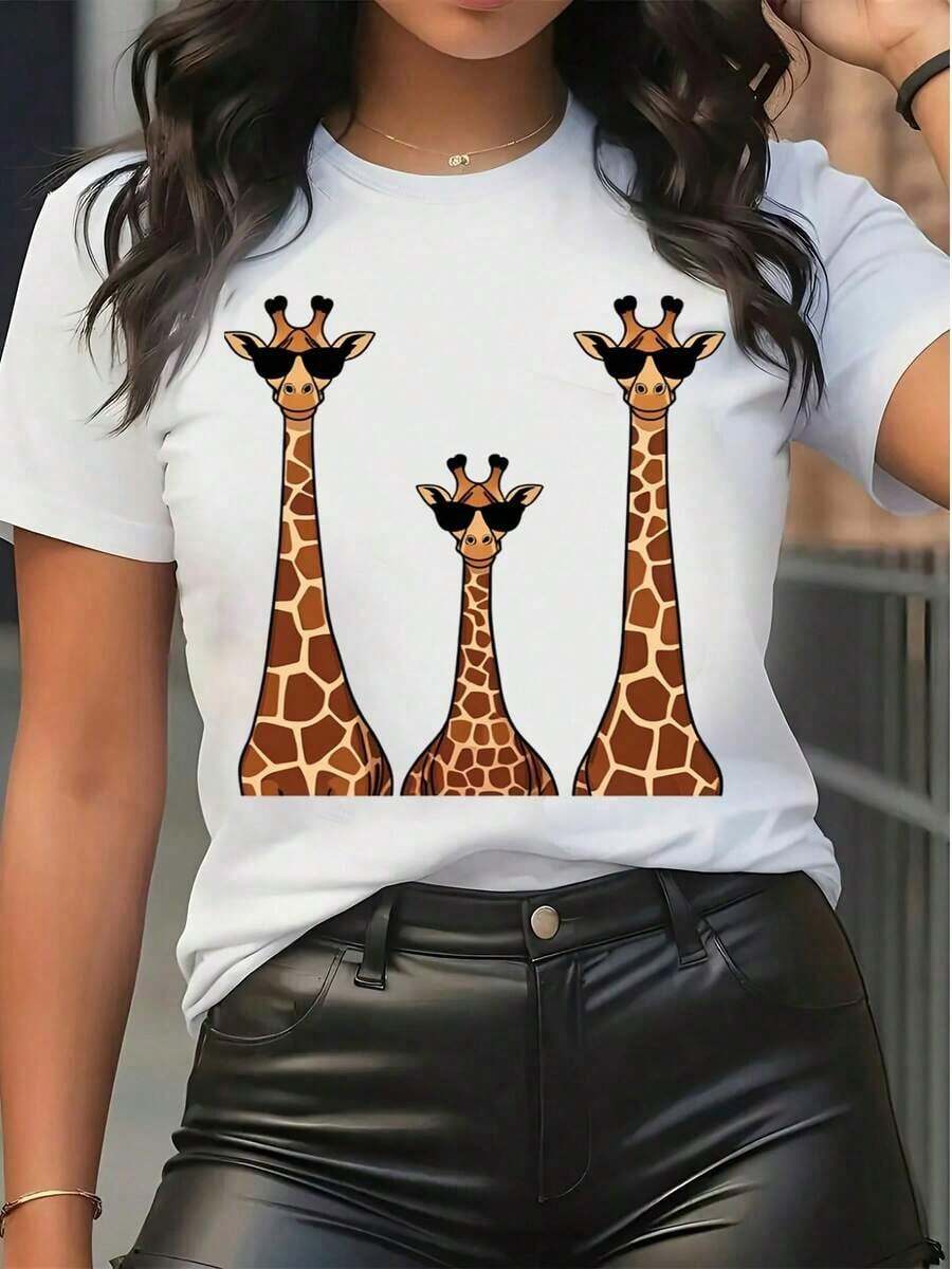 ropa de mujer Camiseta de manga corta con cuello redondo y estampado gráfico de jirafa, camiseta informal de corte holgado para verano con divertido estampado de gafas de sol de animales, para uso diario, suave y cómoda, camiseta básica para mujer, tops para mujer, camisetas para mujer, ropa para mujer, tops para mujer, blusas y camisetas, camiseta para mujer, ropa con motivos para mujer, ropa de verano, conjuntos de primavera para mujer, camisetas gráficas para mujer, top, tops de verano, camisas de mujer - Blanco - Ver 1
